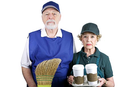 A senior couple stuck in boring service jobs because they can't afford retirement. (stock image)