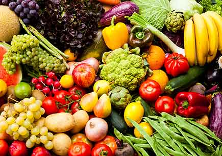 A large variety of fruits and vegetables. (stock image)