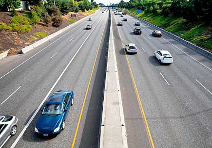 The view from an overpass that bridges Interstate 5 in Portland, Oregon. (stock image)