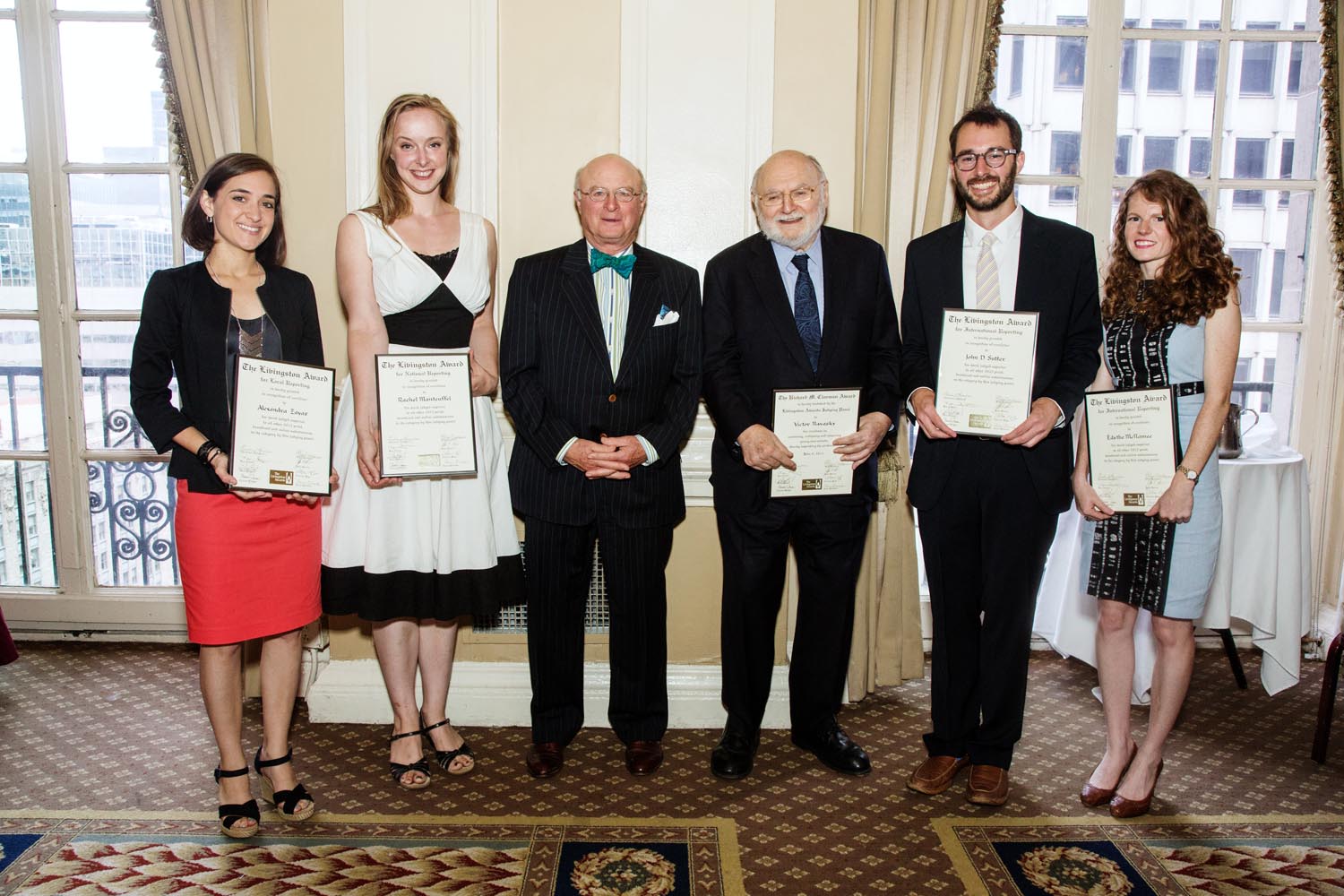 Alexandra Zayas, winner local reporting, Rachel Manteuffel, winner national reporting, Charles Eisendrath, Livingston Awards Director, Victor Navasky, winner Richard M. Clurman Award, John D. Sutter, co-winner international reporting and Edythe McNamee, co-winner international reporting. Image credit: Lina Jang