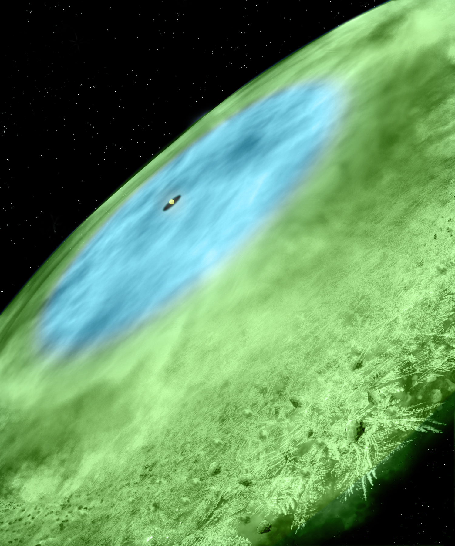 An artist's concept of the snow line in the infant solar system at TW Hydrae. Water-covered ce grains in the inner disk, from about 4.5 astronomical units to 30, and carbon monoxide ice covered grains in the outer disk beyond, in green. The transition from blue to green marks the carbon monoxide snow line. Astronomers believe snow lines play an important role in planet formation. Credit: Bill Saxton and Alexandra Angelich, NRAO/AUI/NSF