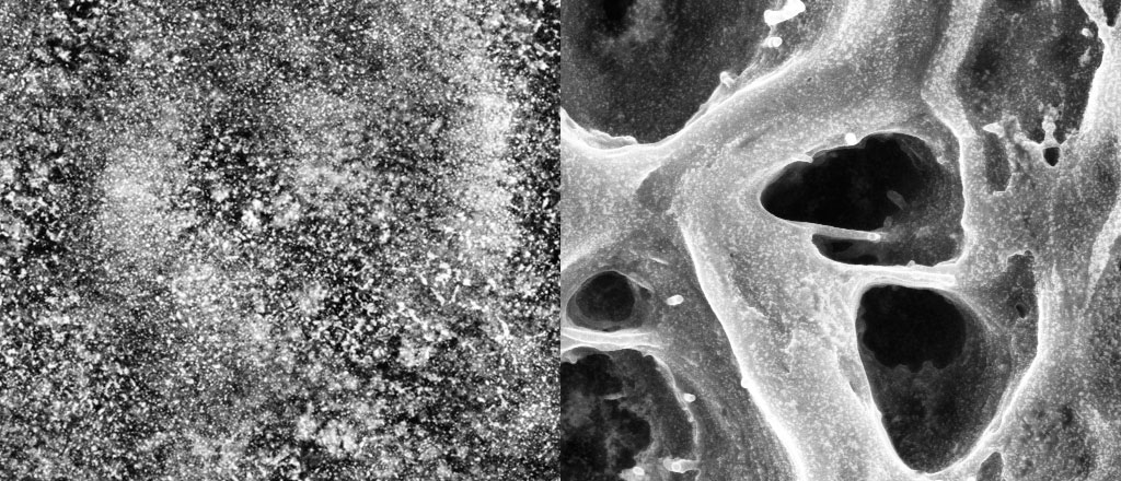 LEFT: an electron microscope image of the gold nanoparticles in a relaxed sample of the layer-by-layer material. The nanoparticles are dispersed. RIGHT: a similar sample stretched to a little over twice its original length, at the same magnification. The nanoparticles form a distinct network. Courtesy of Nicholas Kotov