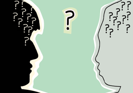 Abstract illustration of facing light and dark profiles with question marks floating