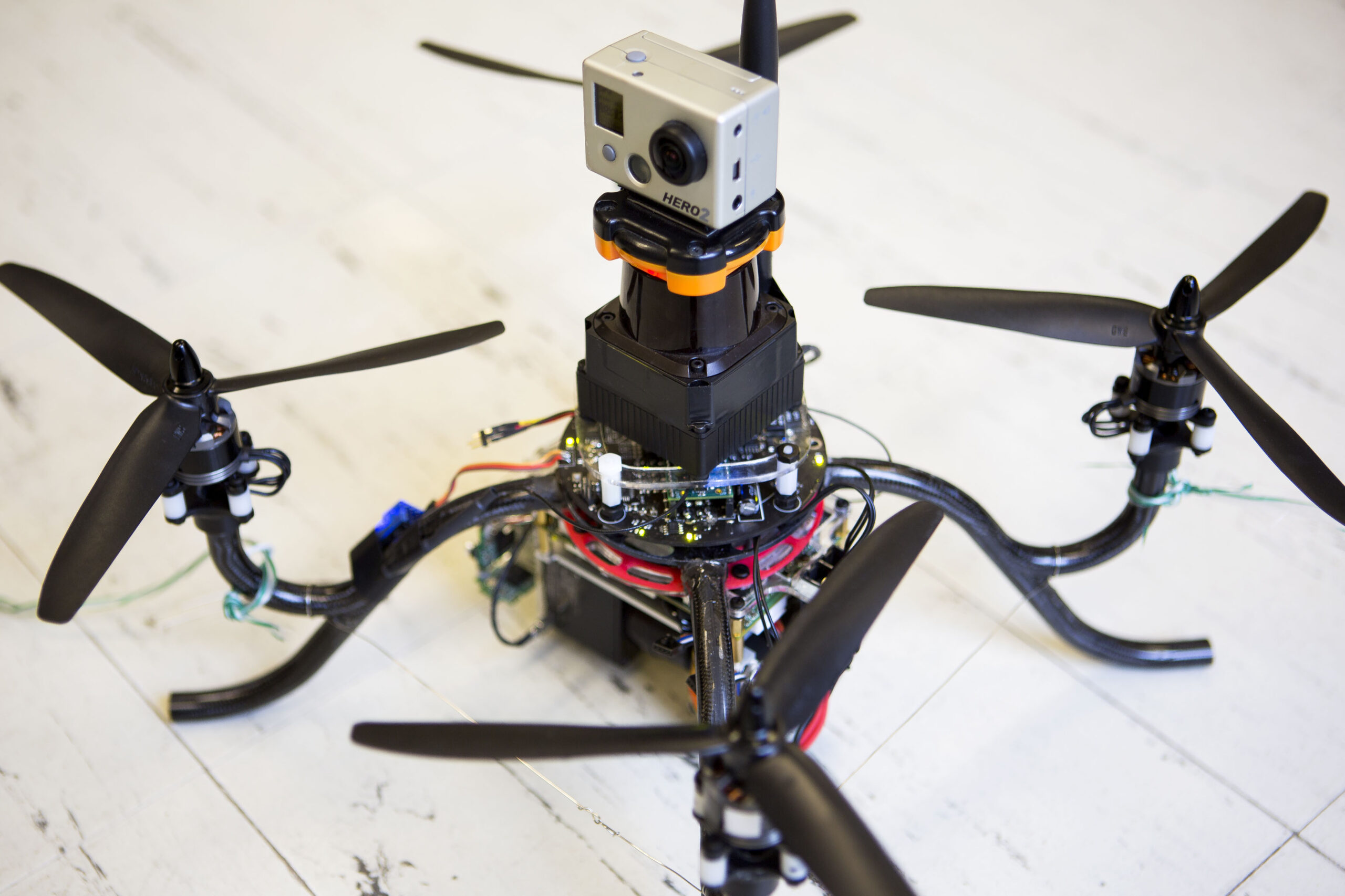 The Michigan Autonomous Aerial Vehicles (MAAV) team prepares for its annual International Aerial Robotics Competition (IARC) with a test run in the Wilson Center on July 22, 2013.  Photo: Joseph Xu, Michigan Engineering Communications & Marketing