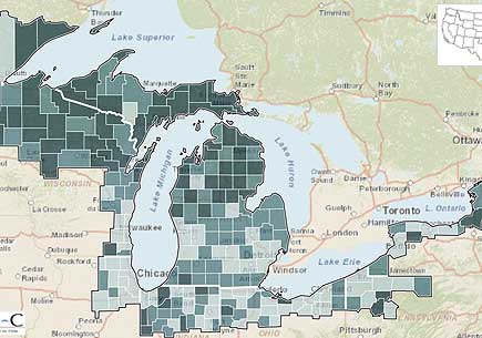 Screenshot of interactive map that shows how the social and economic characteristics of the Great Lakes Region are impacted by regionally specific changes in climate. It was developed in partnership with the Great Lakes Adaptation Assessment for Cities at the University of Michigan.