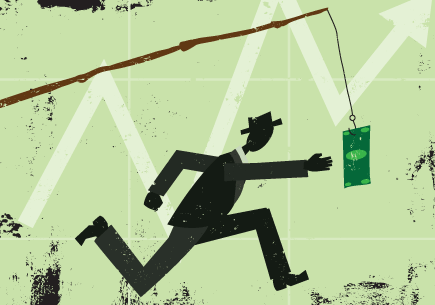 Illustration of a man chasing a dollar on a stick with arrow showing increase in background. (stock image)