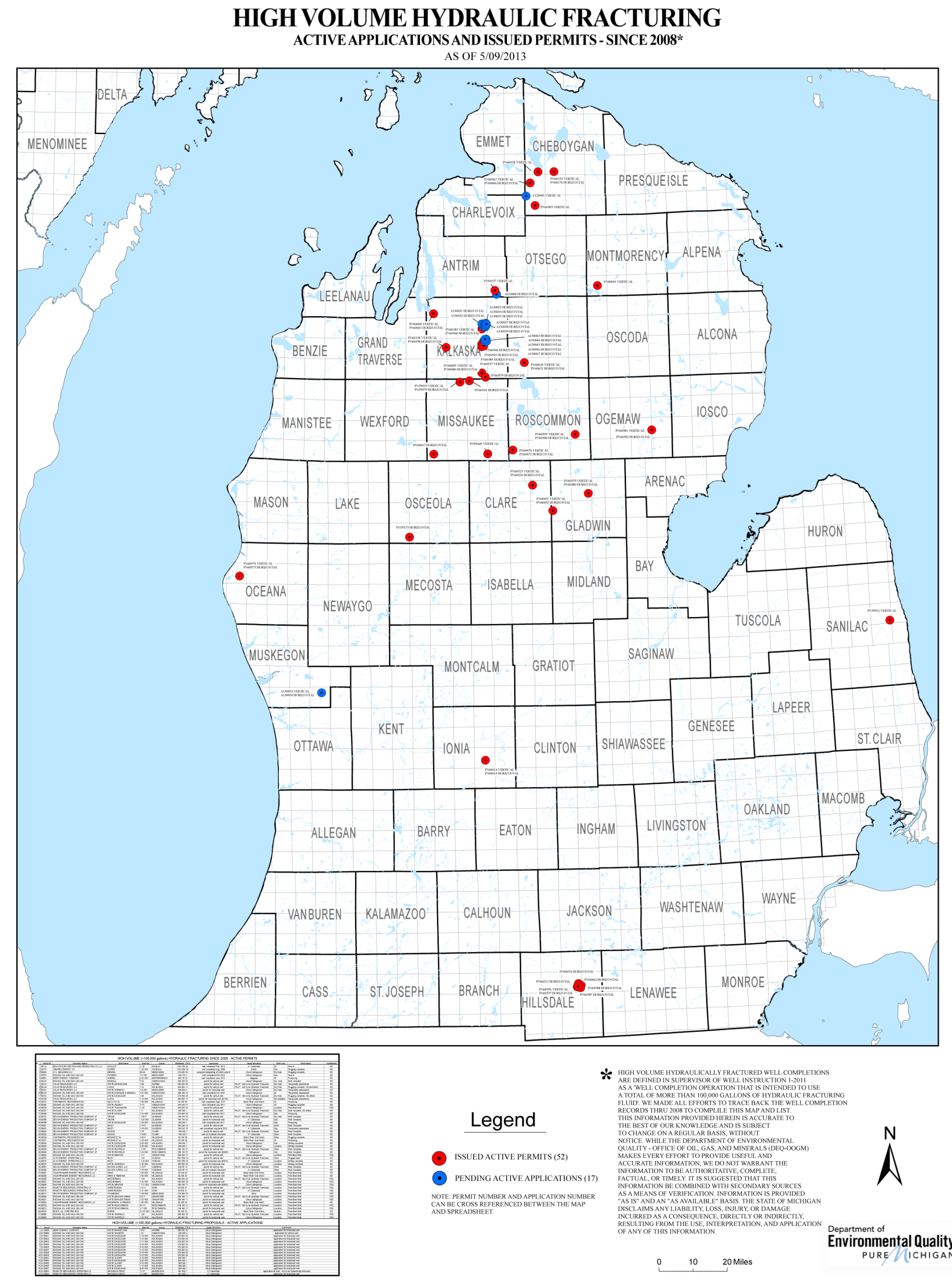 Locations of high volume hydraulically fractured wells in Michigan (active applications and issued permits since 2008), according to the Michigan Department of Environmental Quality. (Source: MDEQ)