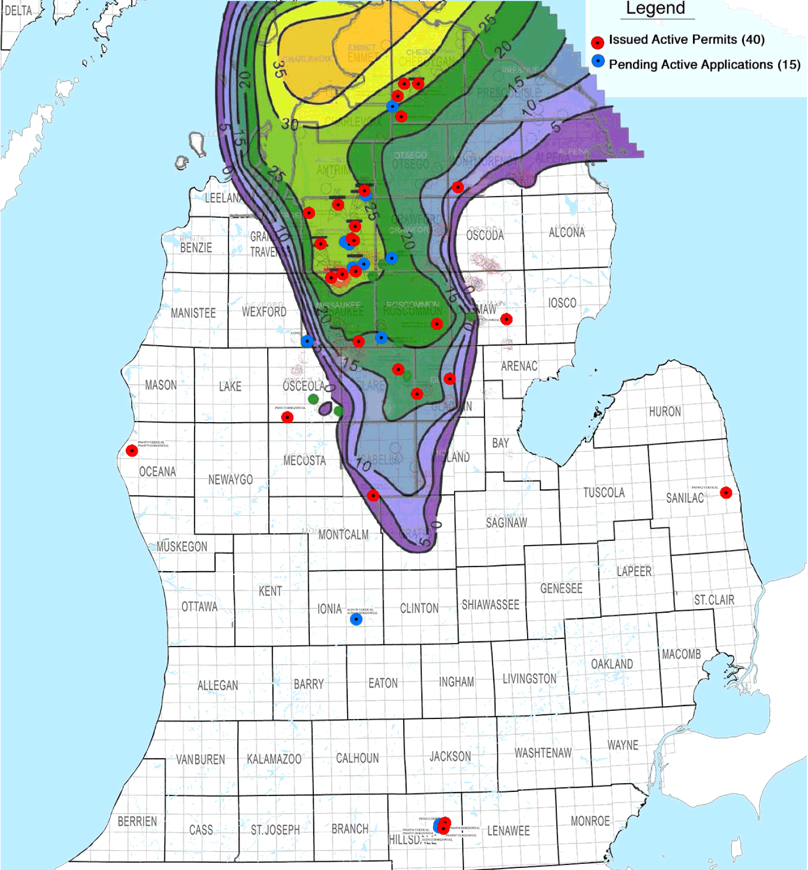 Issued and pending permits for high-volume hydraulically fractured wells in Michigan. (Source: MDEQ)