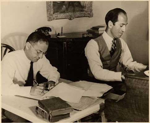 At the time of this 1937 photo in Beverly Hills, Ira and George Gershwin had been writing songs together for 21 years. (Photo courtesy of the Ira and Leonore Gershwin Trusts.)