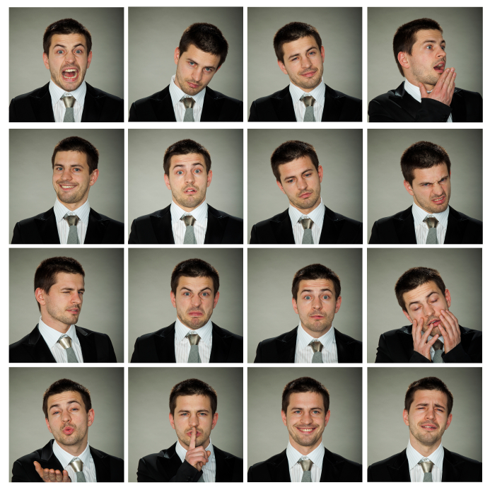 A man demonstrating 16 different facial expressions and emotions