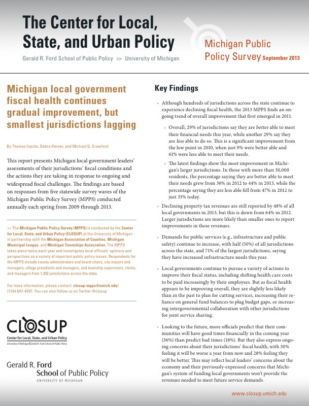 Michigan Public Policy Survey series at the Ford School's Center for Local, State, and Urban Policy report cover.