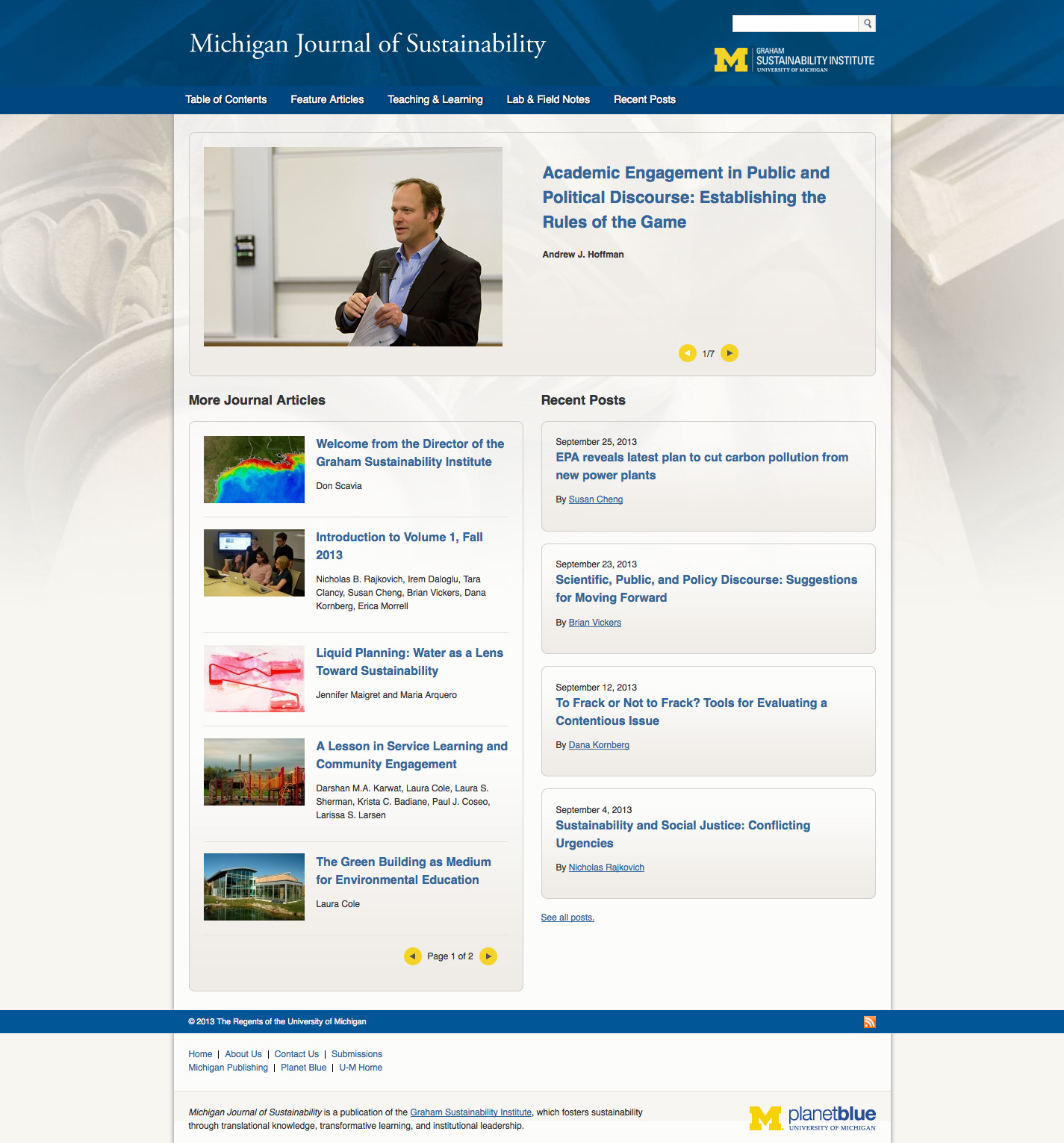 Screenshot of Michigan Journal of Sustainability website.