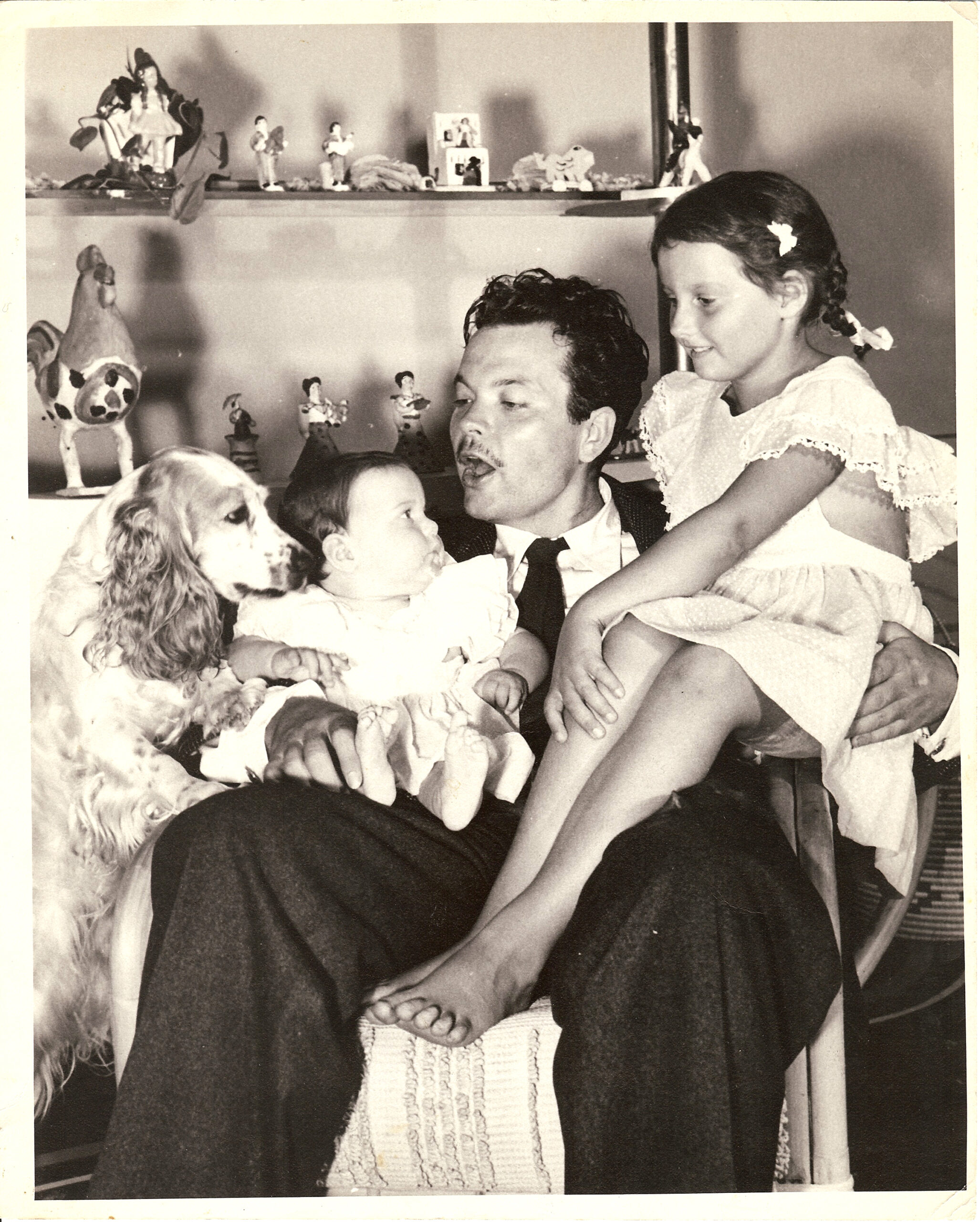 Family man Orson Welles, 1945, pictured with his two daughters, Chris Welles Feder (right) from his marriage to Virginia Nicolson, and infant Rebecca Welles Manning, from his marriage to actress Rita Hayworth. Image courtesy of the Special Collections Library at the University of Michigan