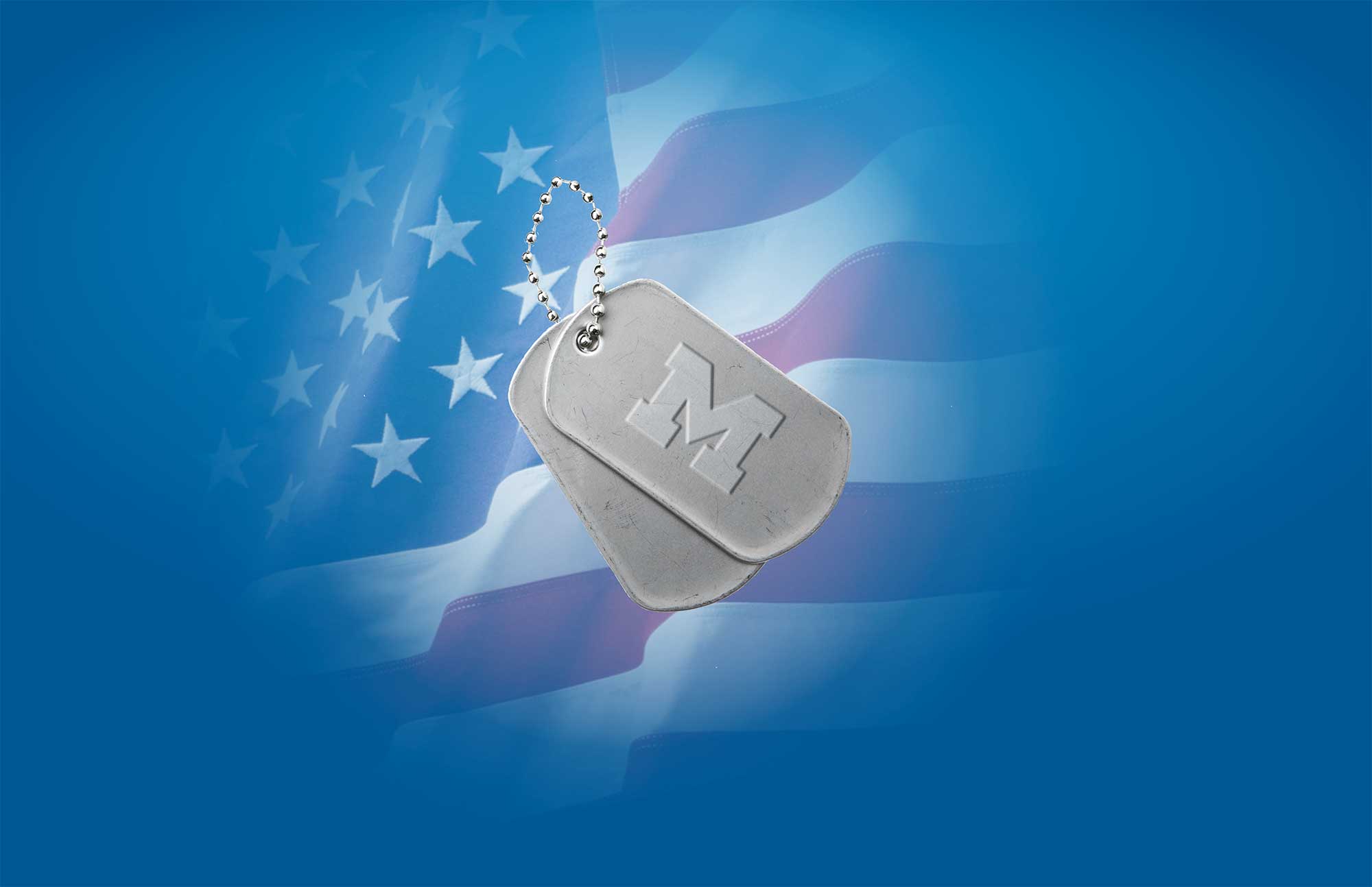 Collage image featuring the University of Michigan "Block M" embossed on dog tags and superimposed onto an American flag.