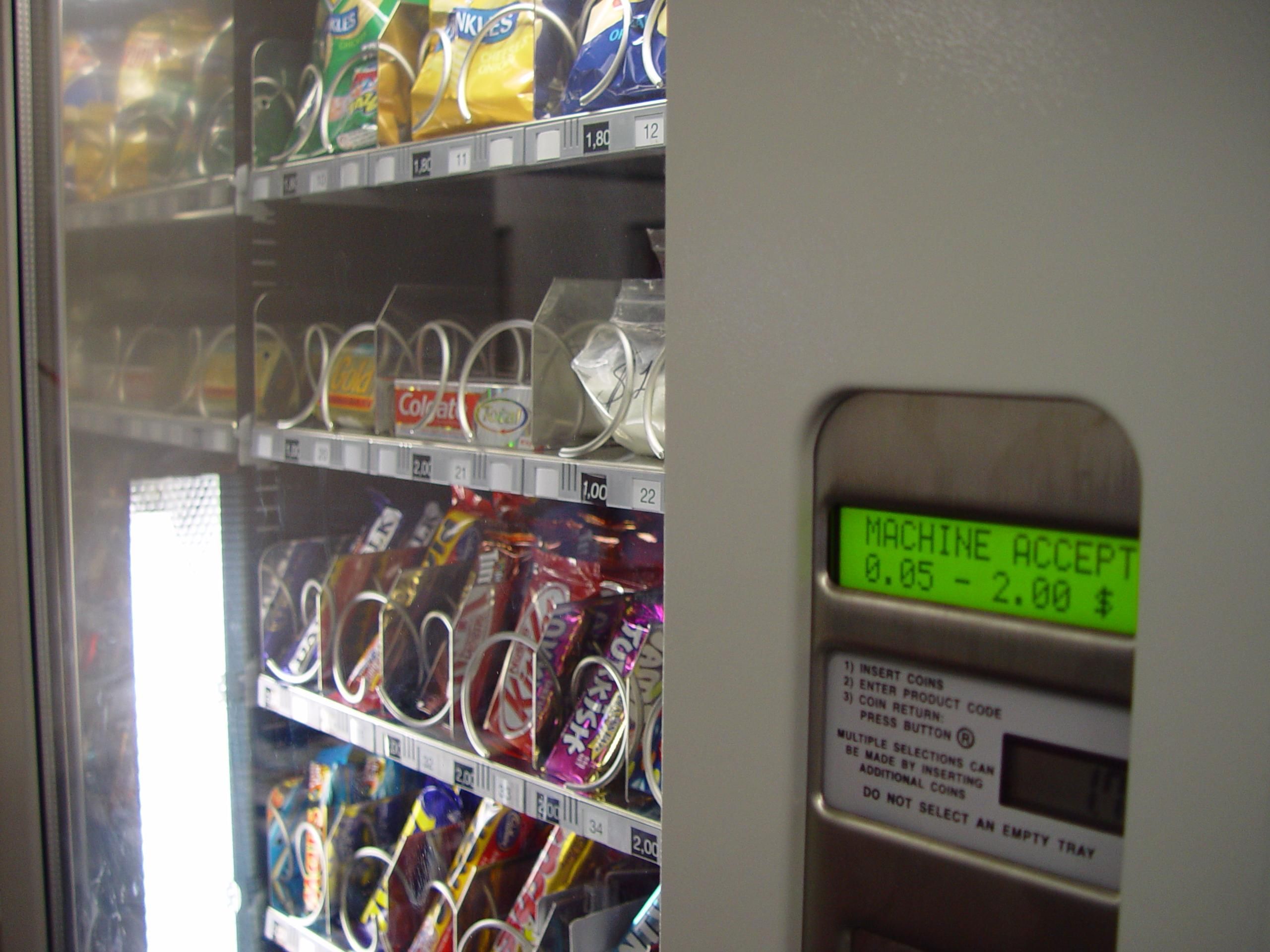 Angled view of a vending machine. Image credit: Leon Brooks, Public Domain Images
