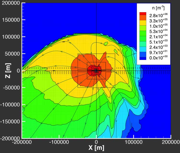 A simulation of the distribution of dust particles around the comet nucleus, which itself is only about a mile in diameter. Image credit: Valeriy Tenishev, University of Michigan