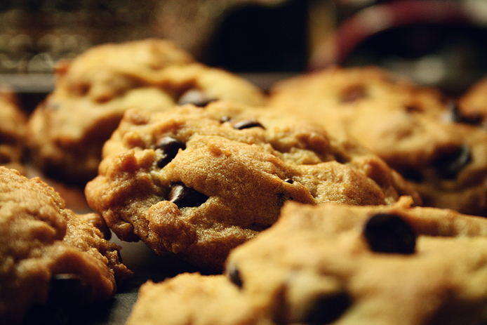 A tray of freshly-baked chocolate chip cookies. Image credit: sxc.hu user superfloss