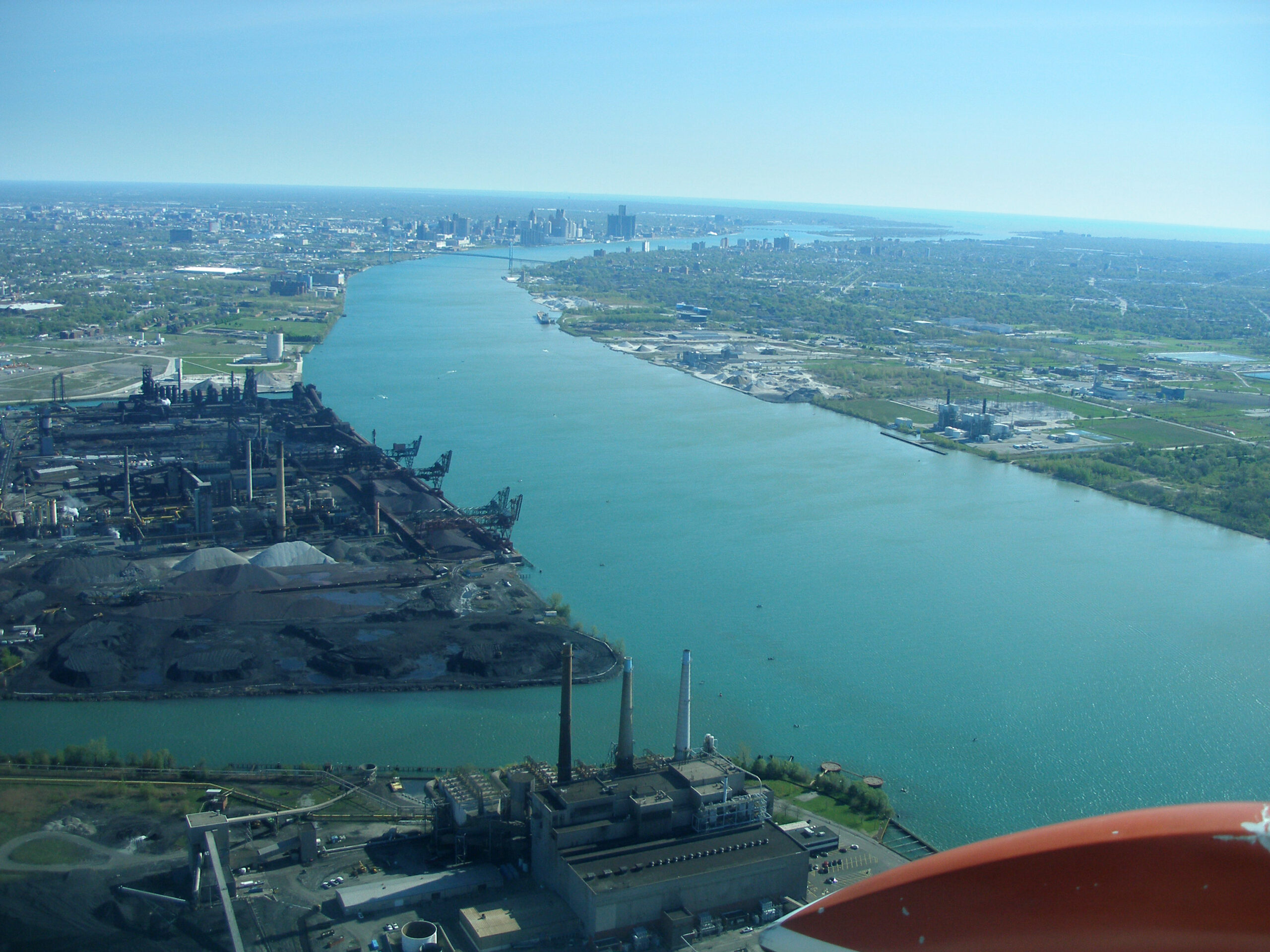 The Detroit River, looking upstream from the mouth of River Rouge toward downtown Detroit. Image credit: Michigan Sea Grant