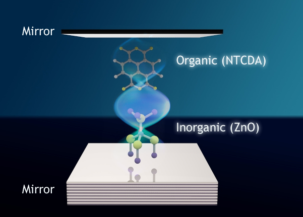 In an optical cavity -- a filament lined with mirrors -- researchers have used light to bind together quantum mechanical states of two disparate materials. The result could one day enable more robust, efficient solar cells and lighting solutions. Image credit: Tal Galfsky, CUNY