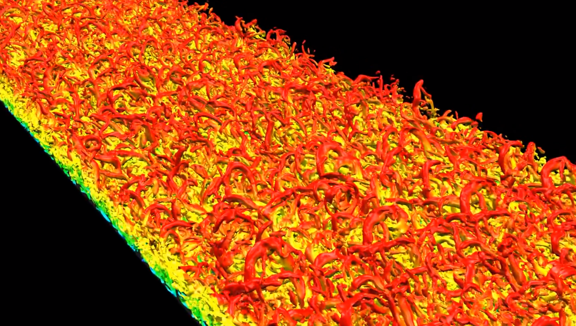 Zoomed-in snapshot of turbulent flow in a tiny region on wing surface. The new study seeks to translate such data directly into more accurate turbulence modeling. Image credit: Taraneh Sayadi, Stanford University