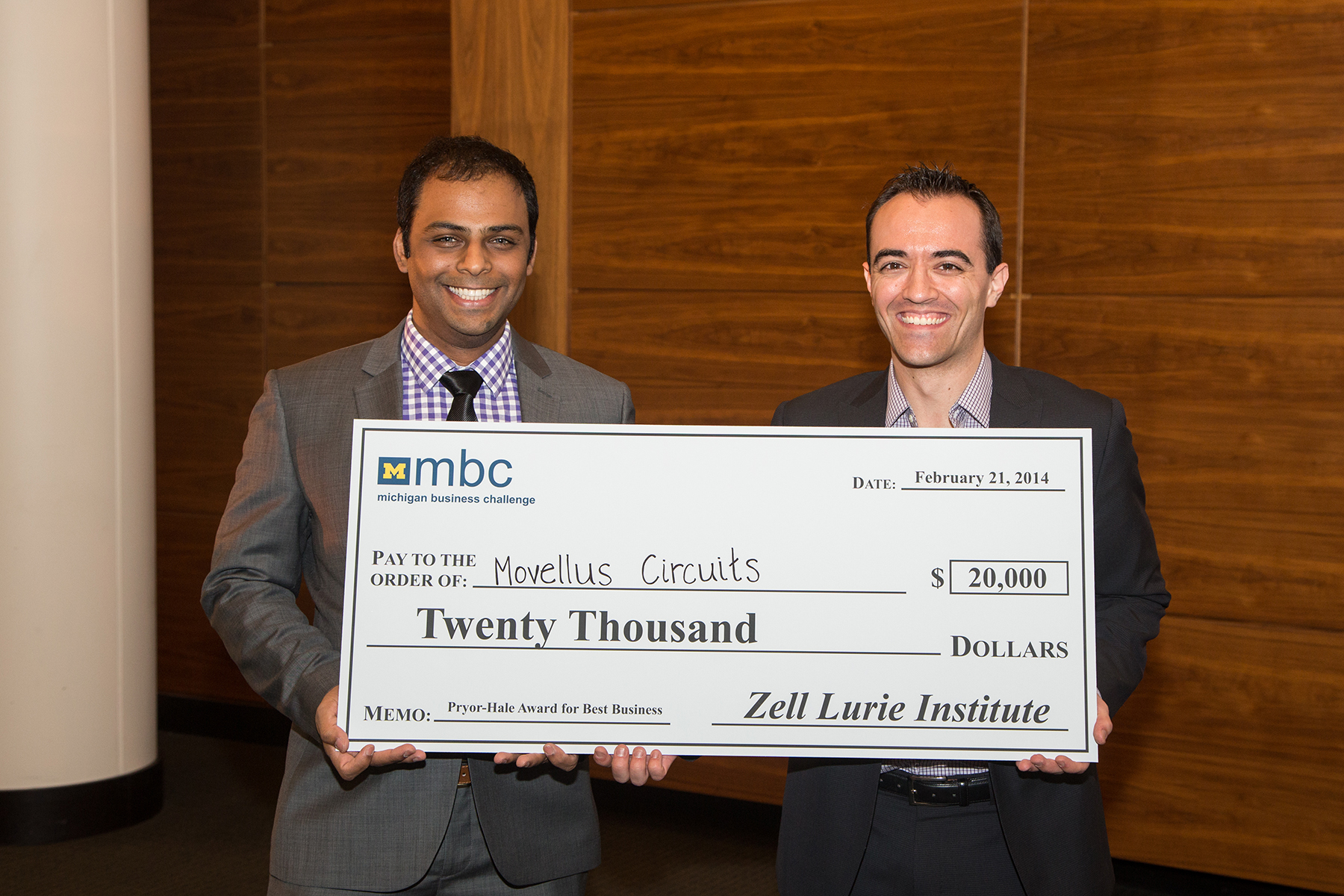 Pryor-Hale Award for Best Business for $20,000 went to Movellus Circuits represented by Muhammad Faisal (EECS PhD ’14) and Daniel Andersen (MBA ’14). Image credit: Scott Soderberg