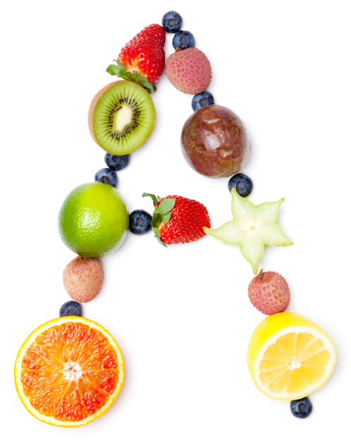 Letter A made of different fruit. (stock image)