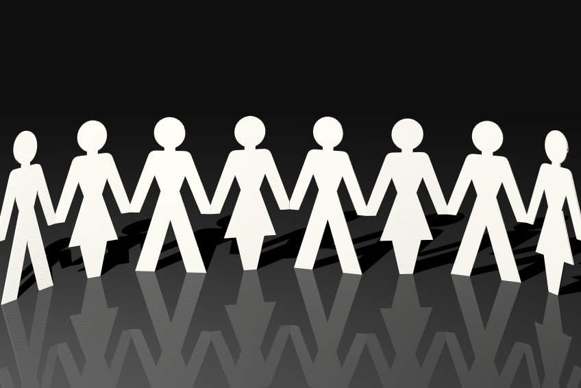 3D illustration, chain of paper people, women and men. (stock image)