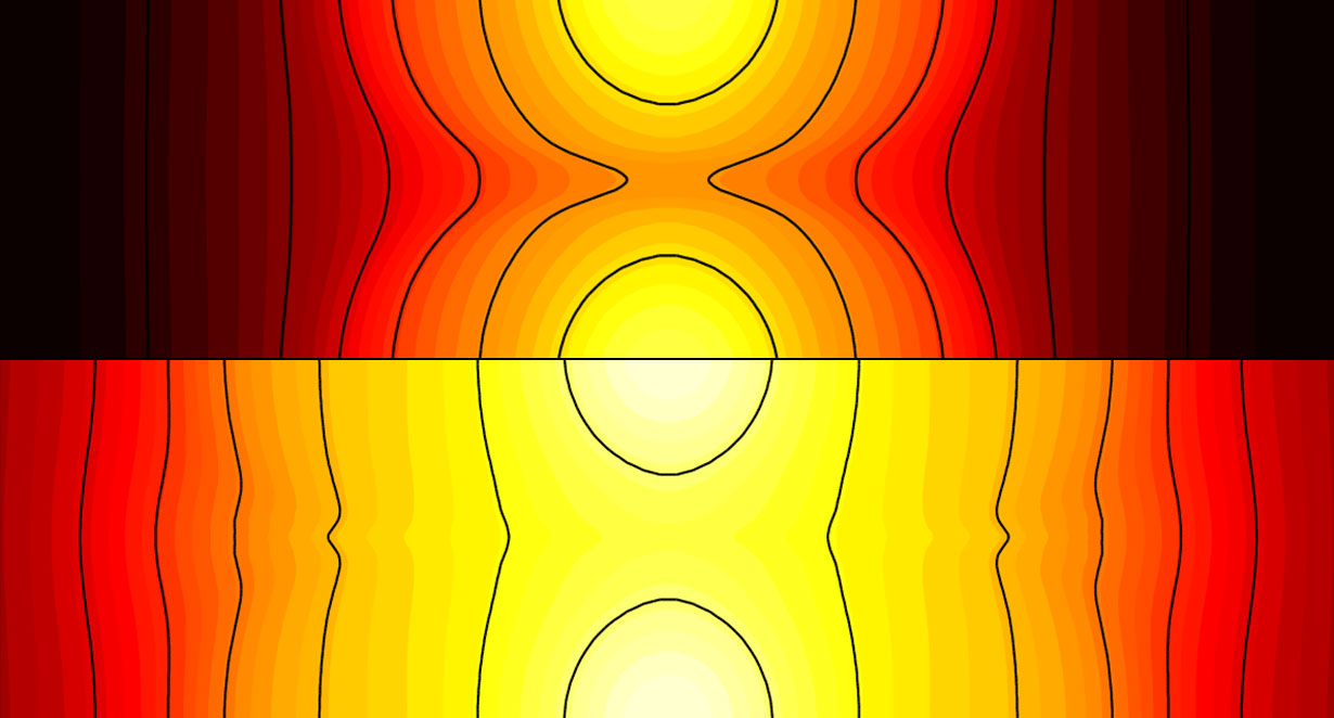 The top of this image shows how early in the heating, magnetic fields, drawn as black lines, prevent heat from flowing easily between the two yellow laser spots. Later in the heating, as depicted on the bottom half, the moving magnetic fields continually connect and provide a channel for heat to flow between the two laser spots. This newly discovered magnetic behavior could advance nuclear fusion. Image credit: Joglekar, Thomas, Fox and Bhattacharjee