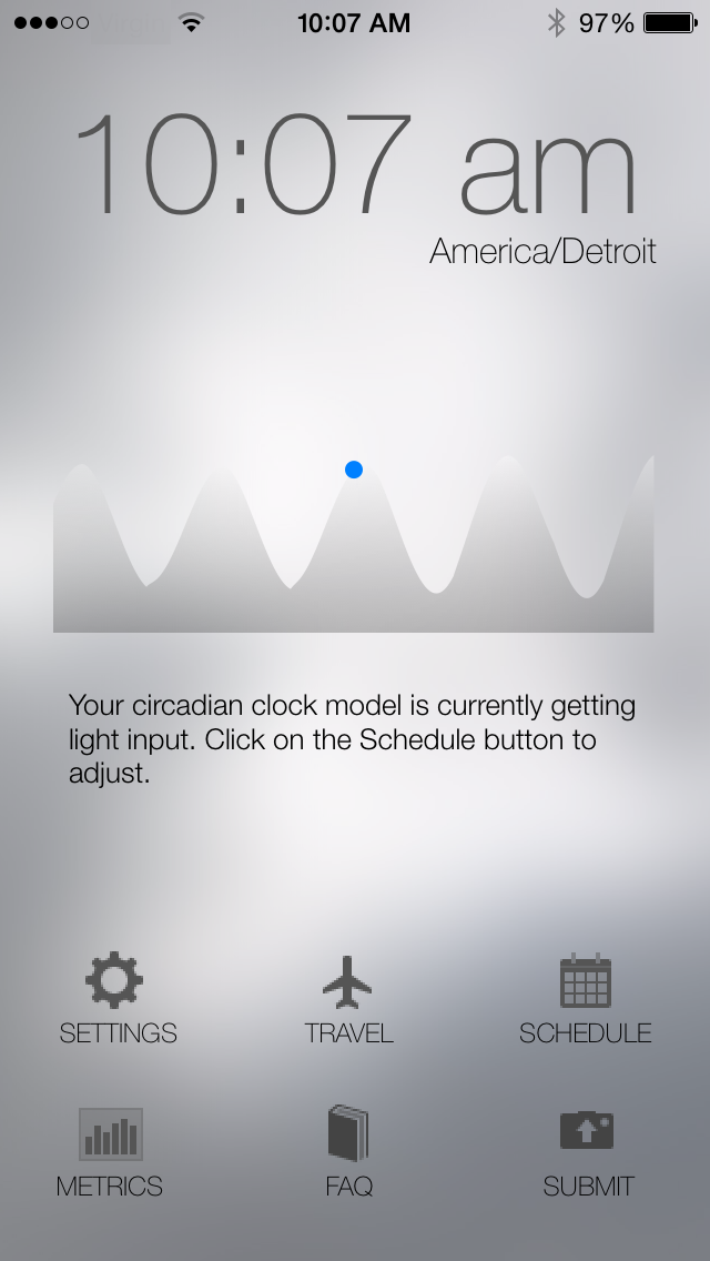 Screenshot of Entrain iOS app's circadian clock model screen.
