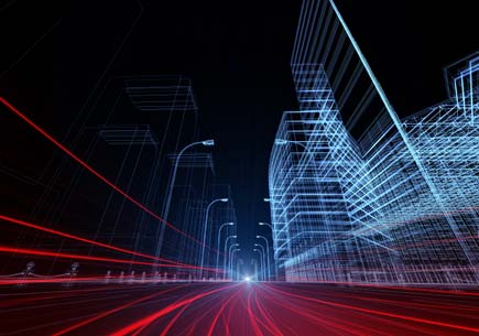 Abstract 3D image of a city from the street-level. (stock image)