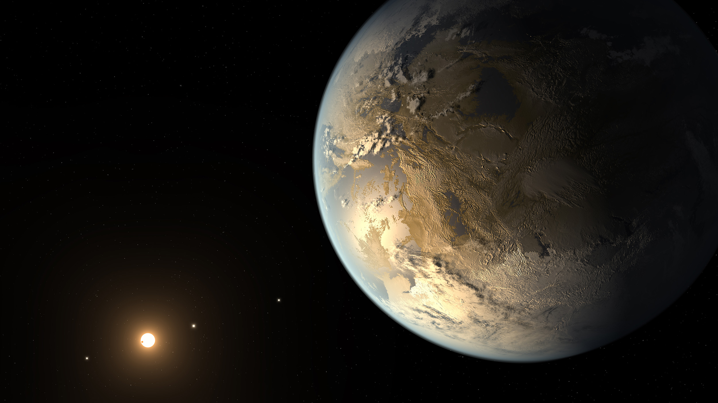 An artist's conception of the newly discovered exoplanet Kepler-186f orbiting the red dwarf star Kepler-186. The planet is the first Earth-sized world to be found orbiting a star at a distance that would allow it to harbor liquid water, a necessary ingredient for life as we know it. Image credit: NASA/Ames/JPL-Caltech/T. Pyle