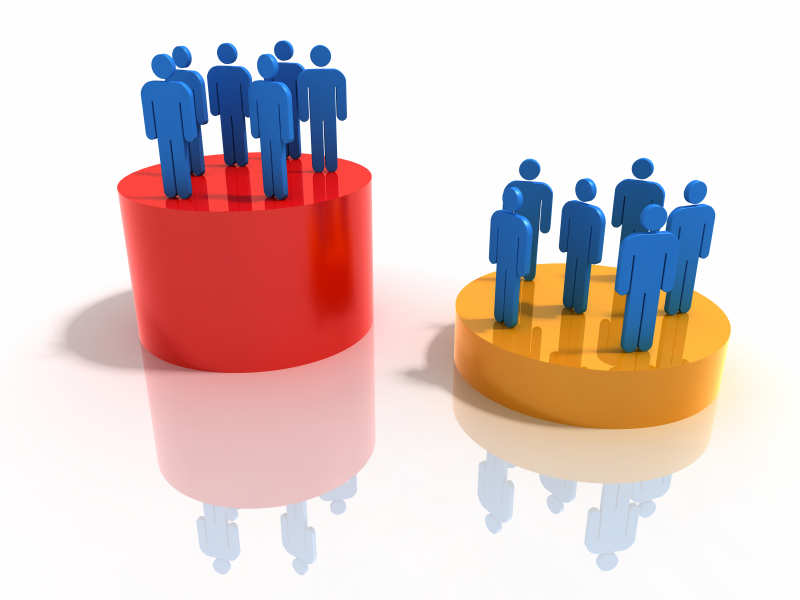 3D concept image depicting a few figures elevated above many figures. (stock image)