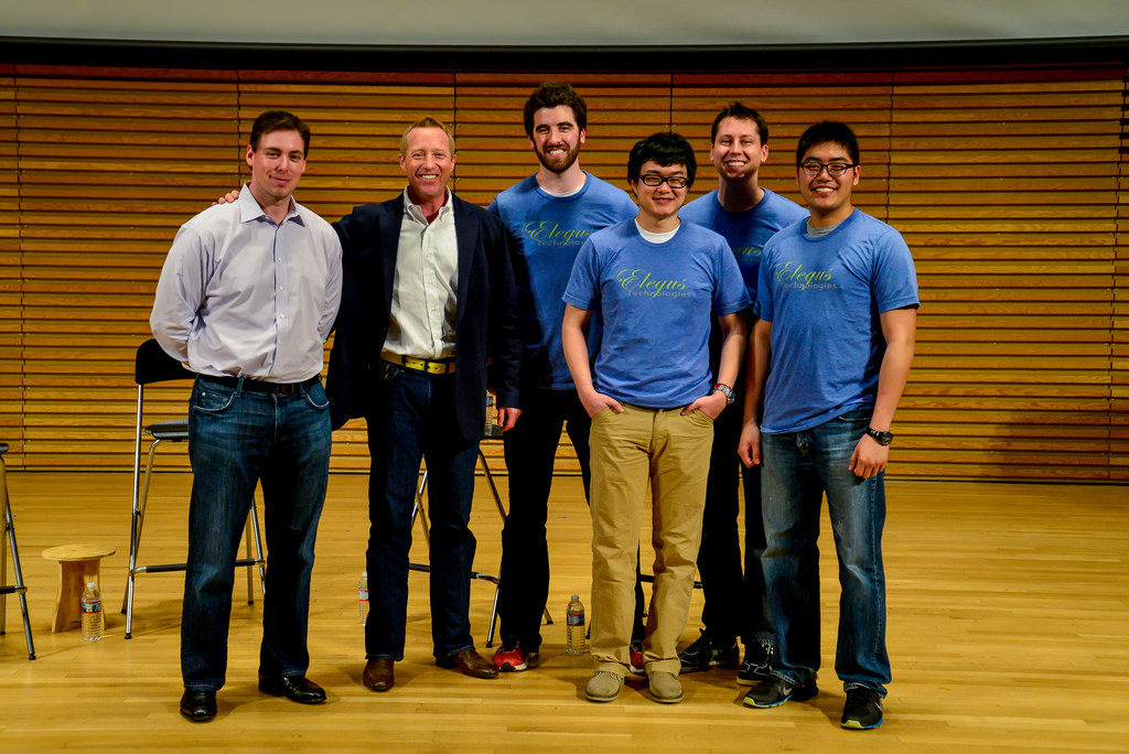 Elegus Technologies wins RPM Ventures Graduate Student Entrepreneurs of the Year, Friday, April 21, 2014. L-R: Marc Weiser, Managing Director, RPM Ventures; Tom Frank, Executive Director, Center for Entrepreneurship; John Hennessy, MsE '14; Long Qian, MsE '14; Daniel VanderLey, MsE '14; Siu on Tung (Macromolecular Science and Engineering.) Image credit: Center for Entrepeneurship
