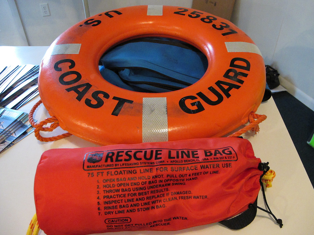Life-saving devices: a ring buoy and a throw bag. Image credit: Michigan Sea Grant