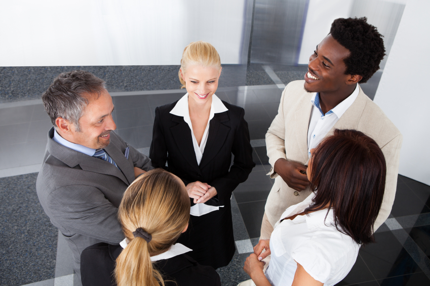A diverse group of business professionals chatting. (stock image)