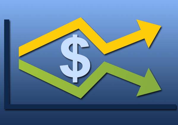 An abstract image of two arrows diverging on a line chart.