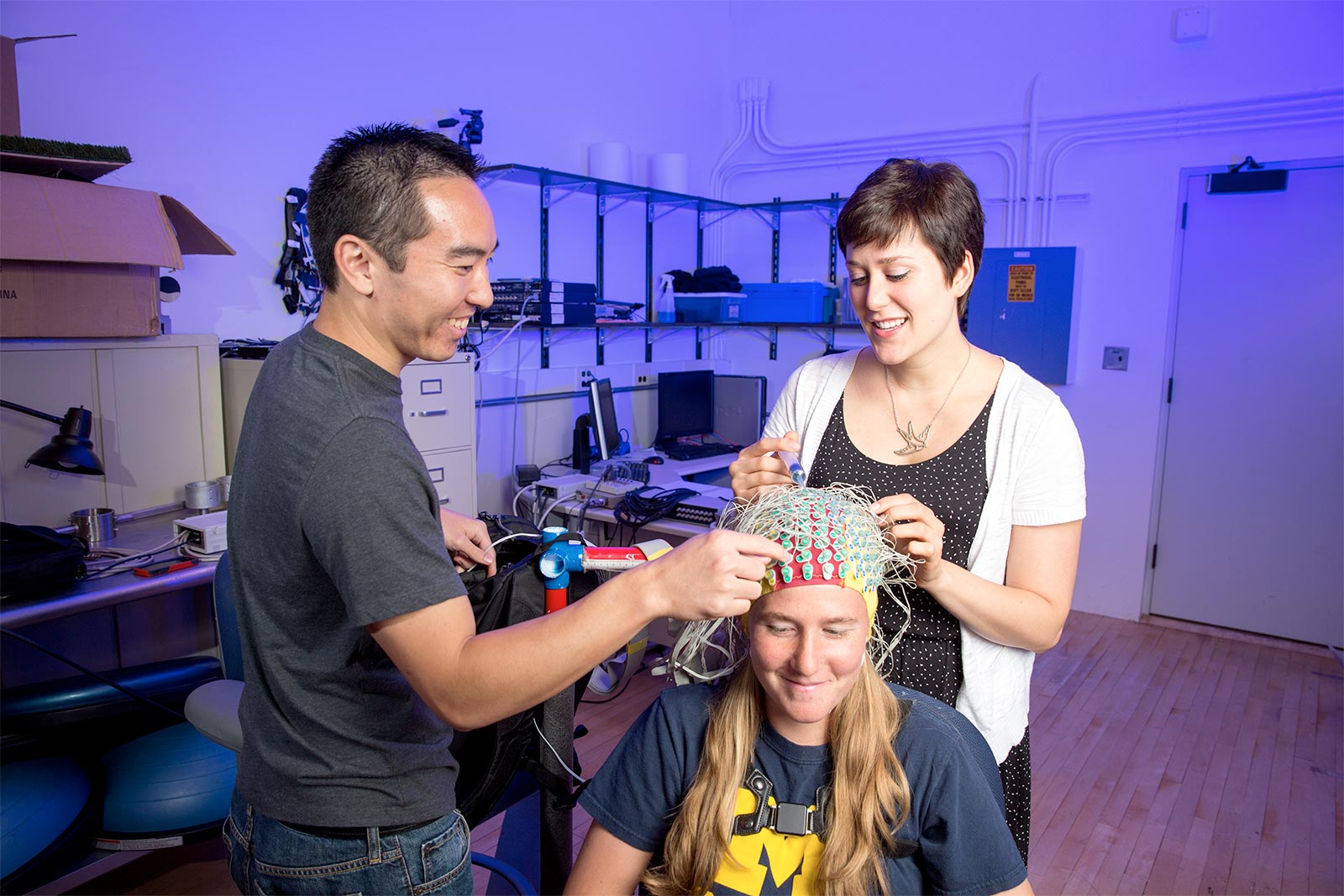 From left, biomedical engineering PhD student, Grant Hanada, Kinesiology undergraduate student, Maggie Smith, and Julia Kline, biomedical engineering PhD student. Image credit: Ferris Lab
