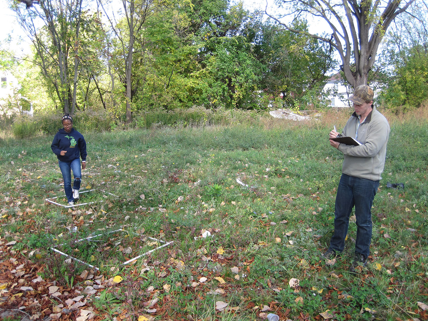 U-M researchers Tiffany Carey (left) and Ben Connor Barrie estimate ragweed density in vegetation plots on a vacant lot in Detroit. Image credit: Daniel Katz