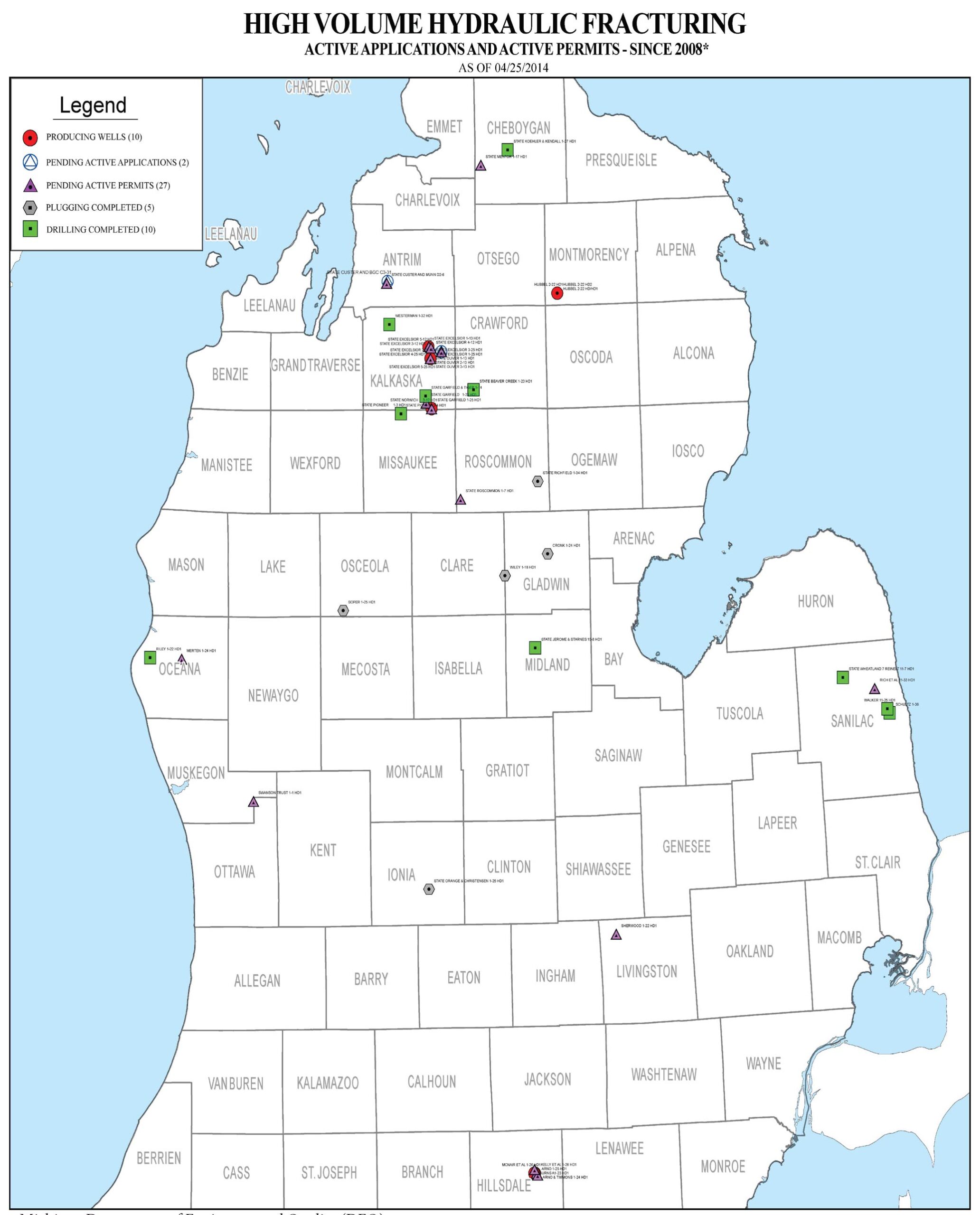 High Volume Hydaulic Fracturing map of Michigan sites. Image credit: Michigan Department of Environmental Quality (DEQ)
