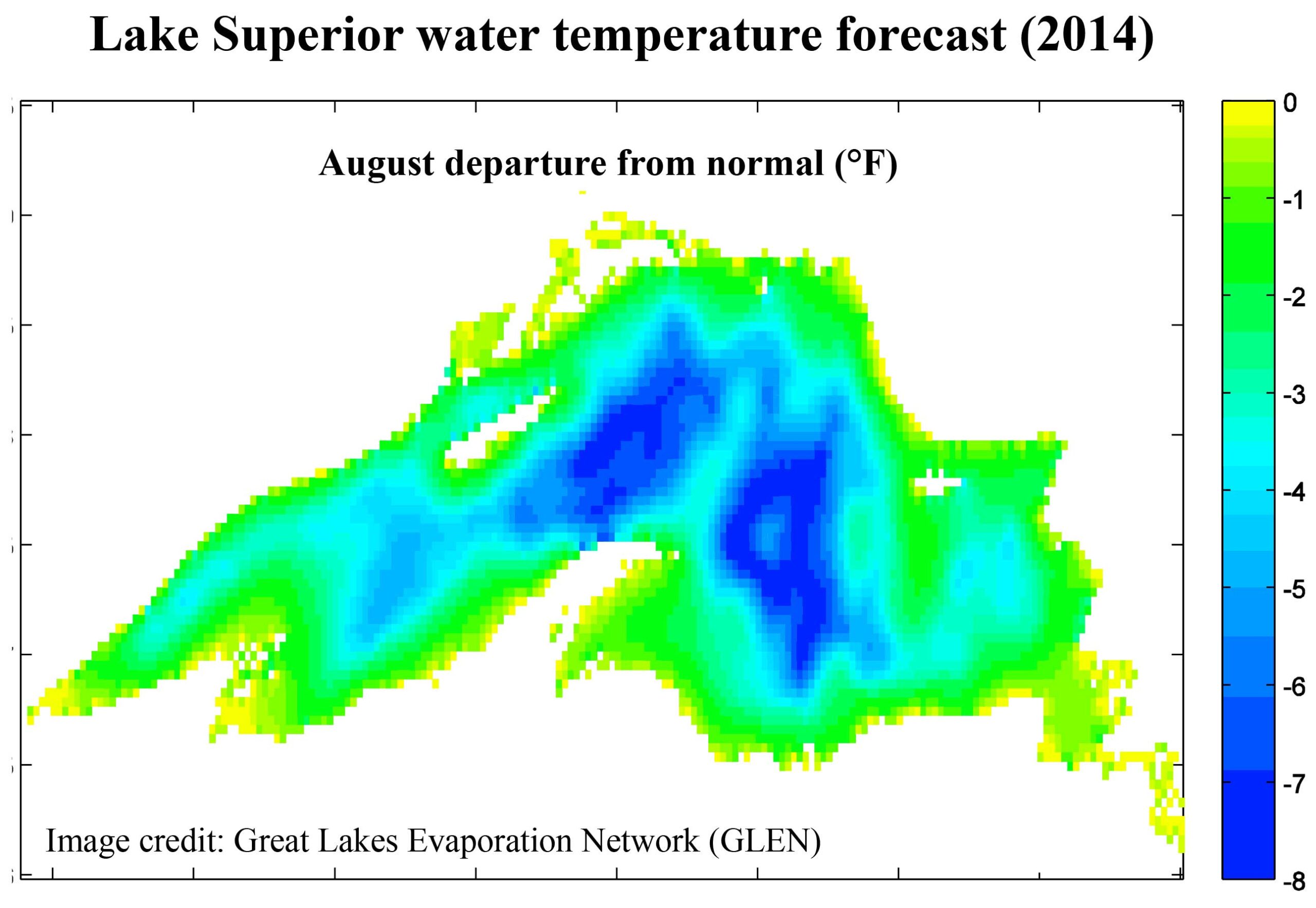 ke Superior water temperature forecast (2014). August departure from normal (°F). Image credit: Great Lakes Evaporation Network (GLEN)