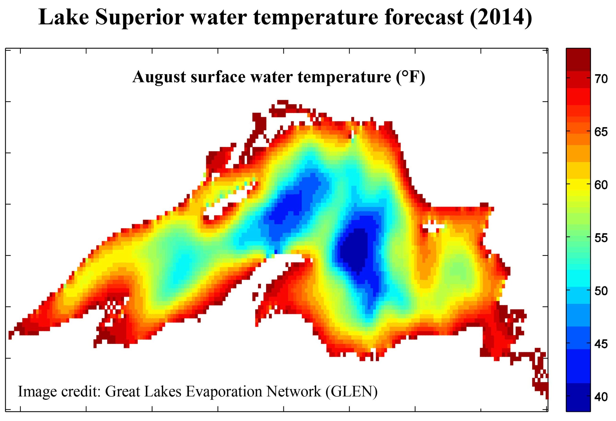 Lake Superior water temperature forecast (2014). August surface water temperature (°F). Image credit: Great Lakes Evaporation Network (GLEN)