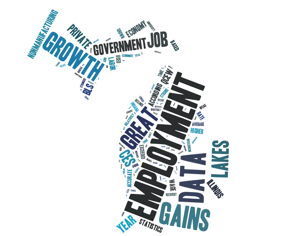 Word cloud using the text of the story in the shape of Michigan.