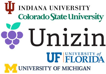 Logos for Indiana University, Colorado State University, Unizen, Florida State University, and the University of Michigan