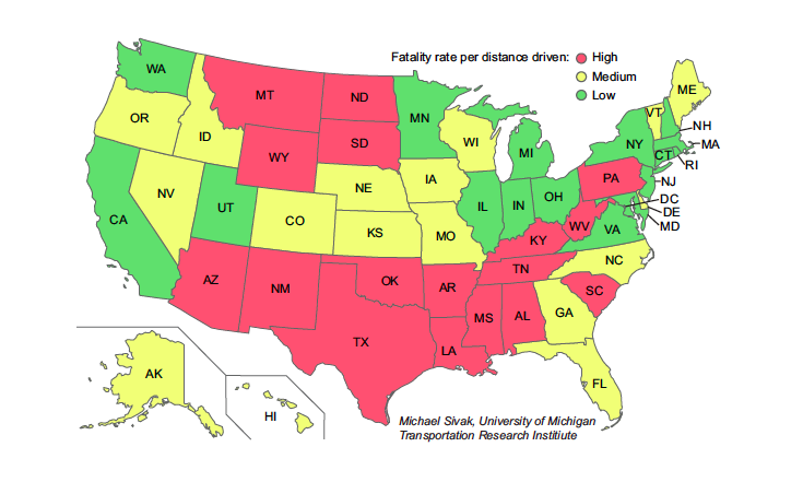 Fatality rates per distance driven in the individual states, 2012.
