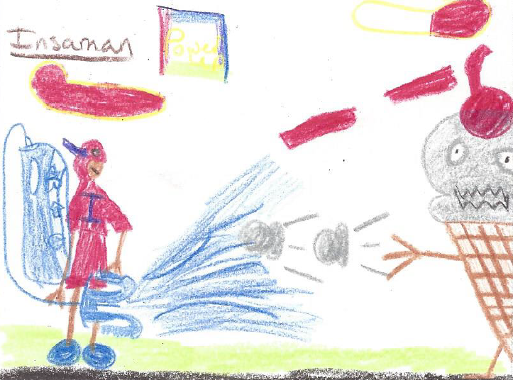 Insaman, who helps children with diabetes management, represents an idea that will be translated into a digital solution for a health problem. This drawing of Insaman eventually will become an app to help children control their blood sugar. Image courtesy: Dr. Joyce Lee