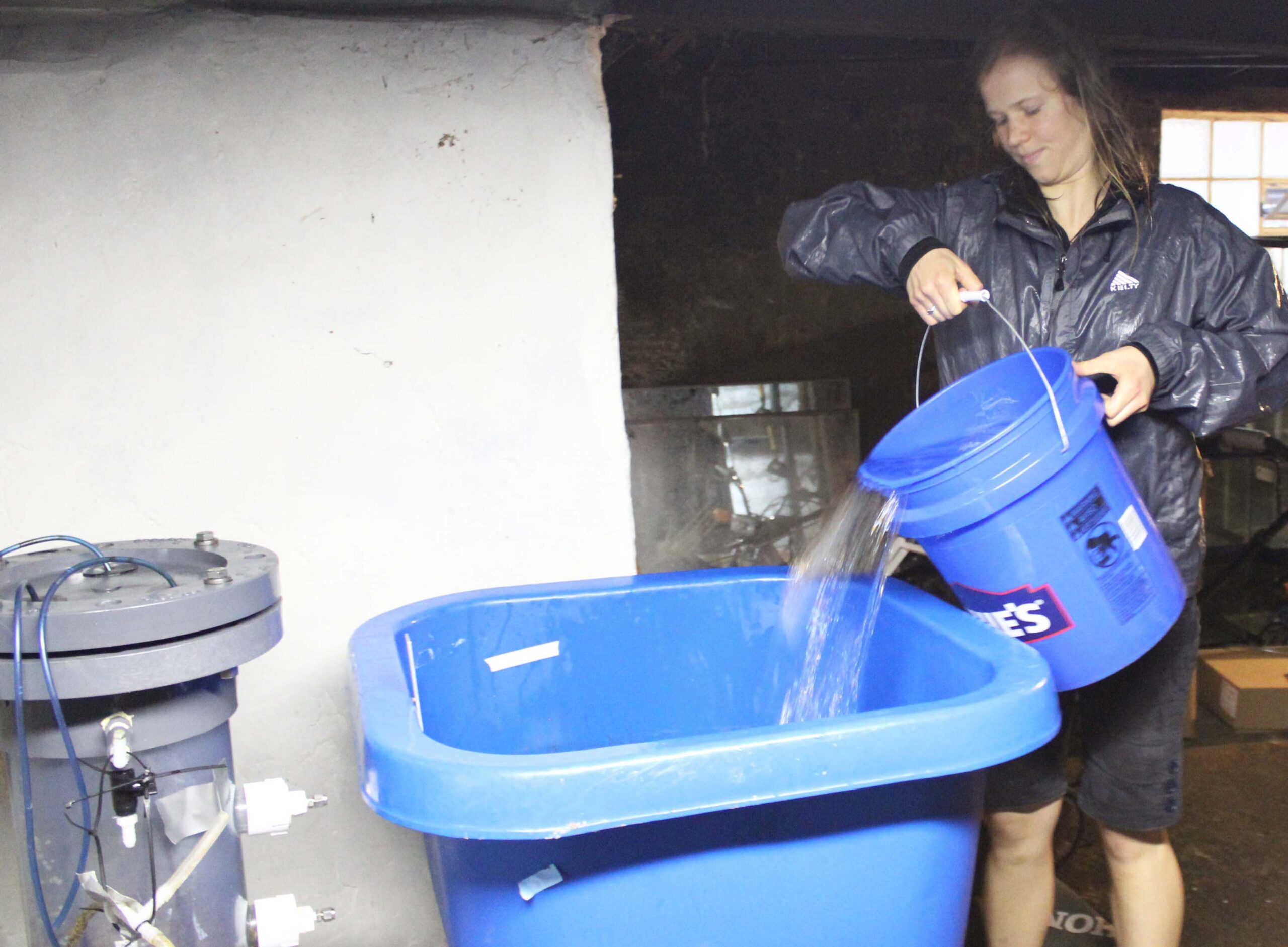 University of Michigan graduate student Lizzie Grobbel fills a large blue tank with water for raising shrimp at a vacant house in Detroit. Image credit: Lisa Pappas