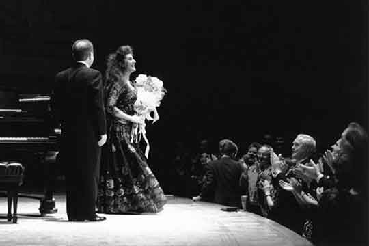 Mezzo-soprano Cecilia Bartoli and pianist Martin Katz receive a standing ovation at her UMS debut, April 10, 1993.