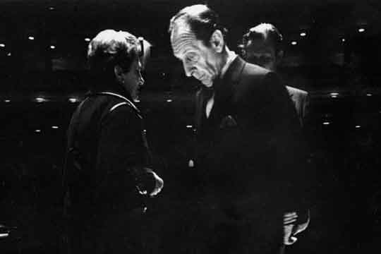 Vladimir Horowitz and his wife, Wanda Toscanini, walk the stage with UMS President Gail Rector in preparation for Horowitz's 10th UMS piano recital on April 20, 1975.