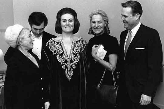 Backstage at soprano Joan Sutherland's January 1970 performance are actress Helen Hayes, pianist Richard Bonynge, Sutherland, Gloria Hatrick McLean, and UMS President Gail Rector.