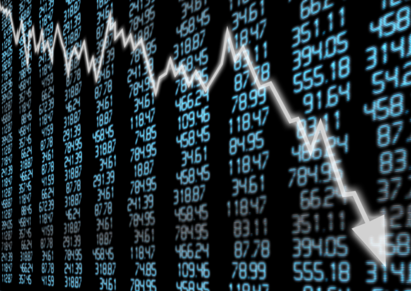  Stock market arrow graph declining on blue display. (stock image)